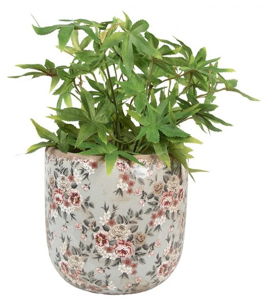 Šedý keramický dekoračný kvetináč s kvetmi Floria XL - Ø 19*18 cm - Clayre & Eef
