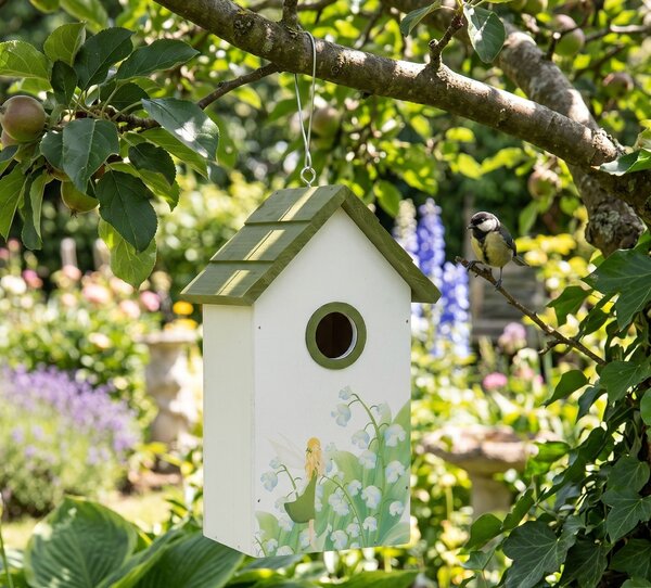 Zeleno-biela drevená vtáčia búdka s konvalinkami Birdhouse - 15*10*22 cm - Clayre & Eef