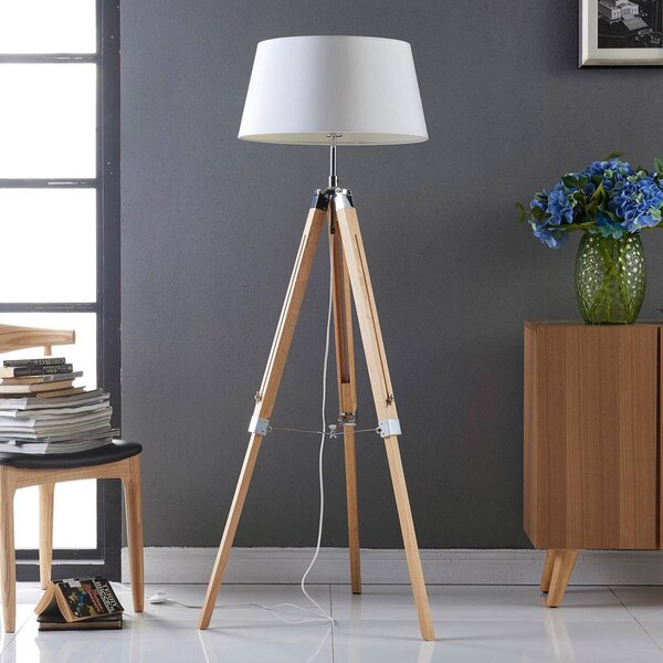 Lindby Stojacia lampa Katie, 162 cm, biela, textil, drevo, trojnožka, Biela / opálová, Obývacia izba / jedáleň, Drevo, Škandinávsky, Stojaca lampa