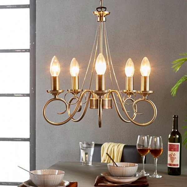 Luster Lindby Marnia, 5 svetiel, Ø 40 cm, antická mosadz, E14, Hnedá / staromosadz, Obývacia izba / jedáleň, kov, Starožitný, Luster