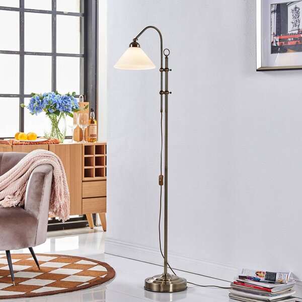 Stojacia lampa Lindby Otis, starožitná mosadz, sklo, 170 cm, E27, Obývacia izba / jedáleň, Sklo, Starožitný, Stolová lampa