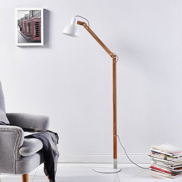 Stojacia lampa Lindby Shivanja, drevo, nastaviteľná, 146 cm, E27, Svetlé drevo, Pracovňa / Kancelária, Drevo, Moderný, Stolová lampa