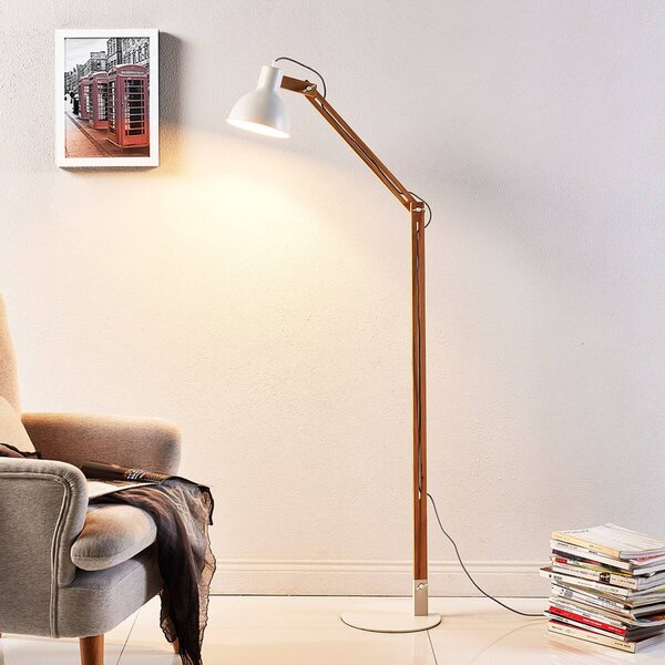 Stojacia lampa Lindby Shivanja, drevo, nastaviteľná, 146 cm, E27, Svetlé drevo, Pracovňa / Kancelária, Drevo, Moderný, Stolová lampa