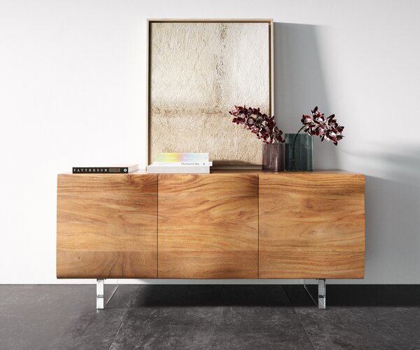 DELIFE Komoda New Live-Edge 145 cm akácia prírodná 3 dvierka akrylová podstava
