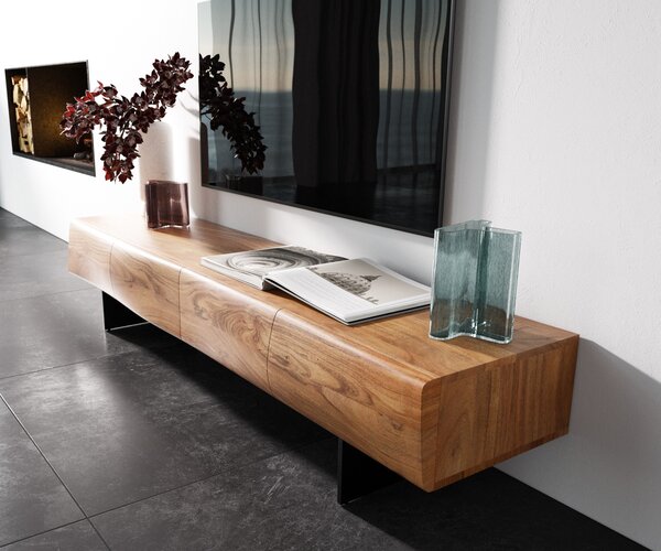 DELIFE TV stolík New Live-Edge 175 cm akácia prírodná 4 dvierka závesná kov čierna