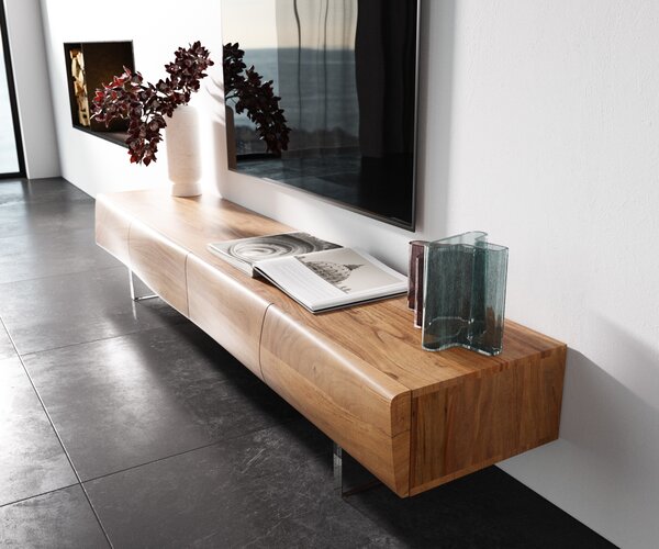 DELIFE TV stolík New Live-Edge 200 cm akácia prírodná 4 dvierka akrylová podstava