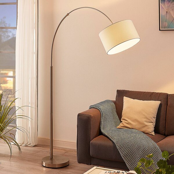 Stojacia lampa Lindby Railyn, biela, látka, 200 cm, E27, Biela / opálová, Obývacia izba / jedáleň, Textil / látka / hodváb, Moderný, Oblúková stojaca lampa