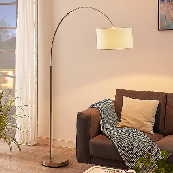 Stojacia lampa Lindby Railyn, biela, látka, 200 cm, E27, Biela / opálová, Obývacia izba / jedáleň, Textil / látka / hodváb, Moderný, Oblúková stojaca lampa