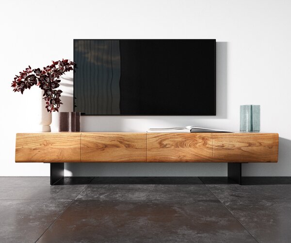 DELIFE TV stolík New Live-Edge 175 cm akácia prírodná 4 dvierka závesná kov čierna