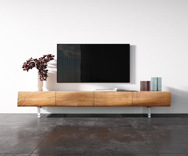 DELIFE TV stolík New Live-Edge 200 cm akácia prírodná 4 dvierka akrylová podstava