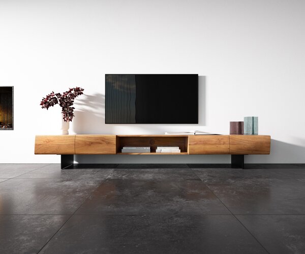 DELIFE TV stolík New Live-Edge 240 cm akácia prírodná 4 dvierka 1 priehradka závesná kov čierna
