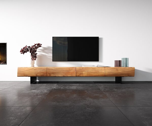 DELIFE TV stolík New Live-Edge 240 cm akácia prírodná 4 zásuvky závesná kov čierna