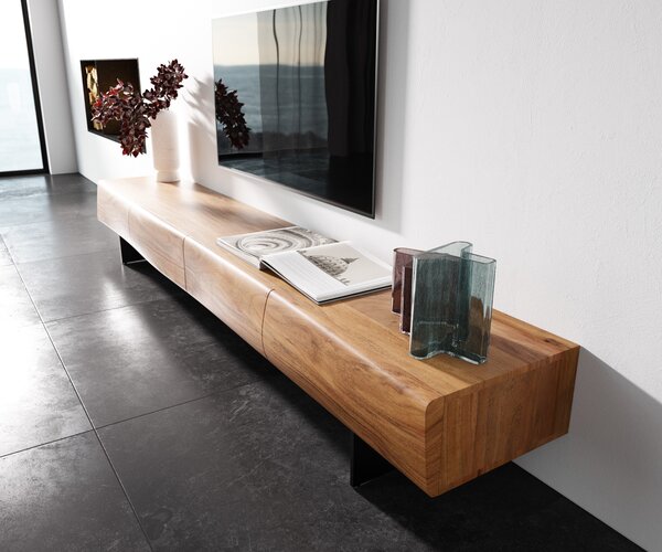 DELIFE TV stolík New Live-Edge 240 cm akácia prírodná 4 zásuvky závesná kov čierna