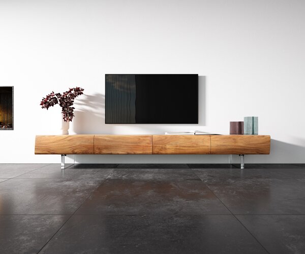 DELIFE TV stolík New Live-Edge 240 cm akácia prírodná 4 zásuvky akrylová podstava