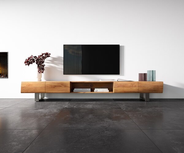 DELIFE TV stolík New Live-Edge 240 cm akácia prírodná 4 dvierka 1 priehradka tenká podstava nerezová oceľ kefovaná