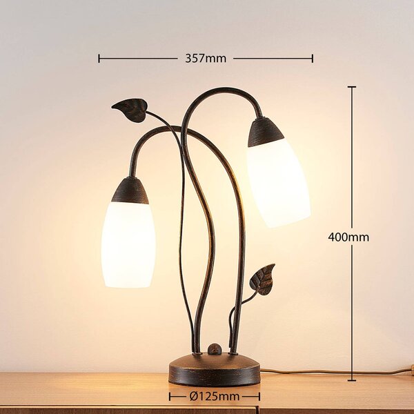 Stolná lampa Lindby Stefania, čierna/zlatá, sklo, E14, 40 cm, Hnedá / hrdzavá, Obývacia izba / jedáleň, Sklo, Starožitný, Stolová lampa