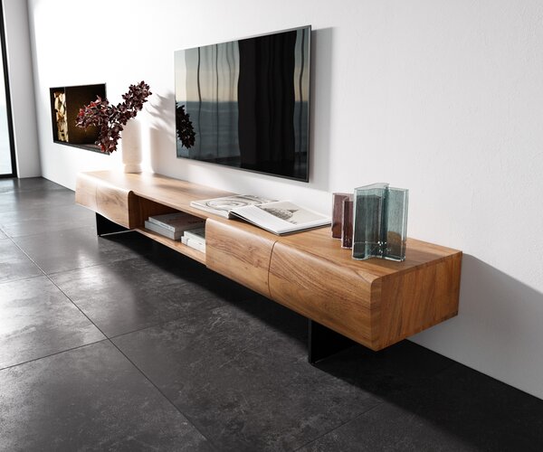 DELIFE TV stolík New Live-Edge 240 cm akácia prírodná 4 dvierka 1 priehradka závesná kov čierna