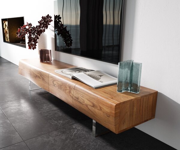 DELIFE TV stolík New Live-Edge 175 cm akácia prírodná 4 dvierka akrylová podstava