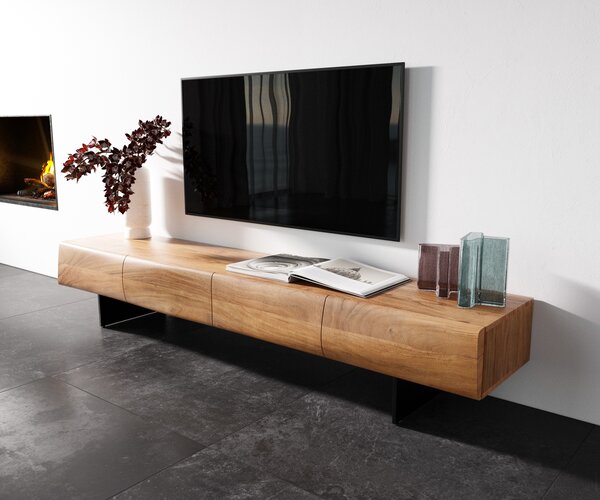 DELIFE TV stolík New Live-Edge 200 cm akácia prírodná 4 dvierka závesná kov čierna