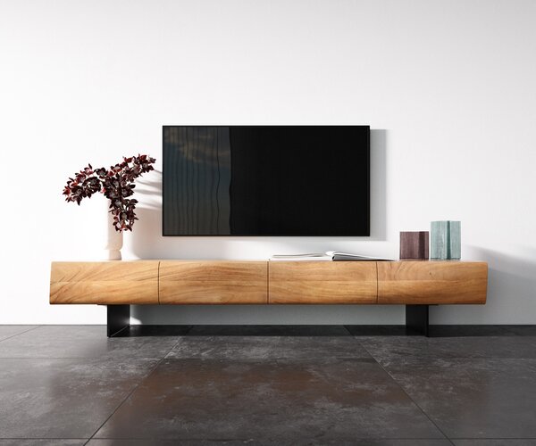 DELIFE TV stolík New Live-Edge 200 cm akácia prírodná 4 dvierka závesná kov čierna