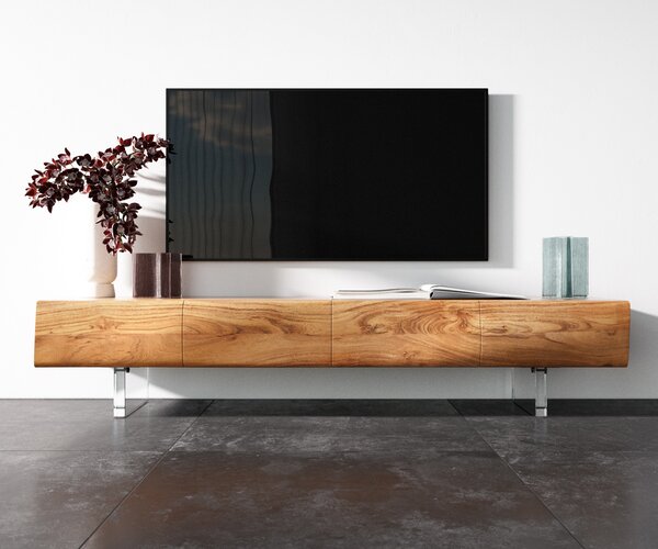 DELIFE TV stolík New Live-Edge 175 cm akácia prírodná 4 dvierka akrylová podstava