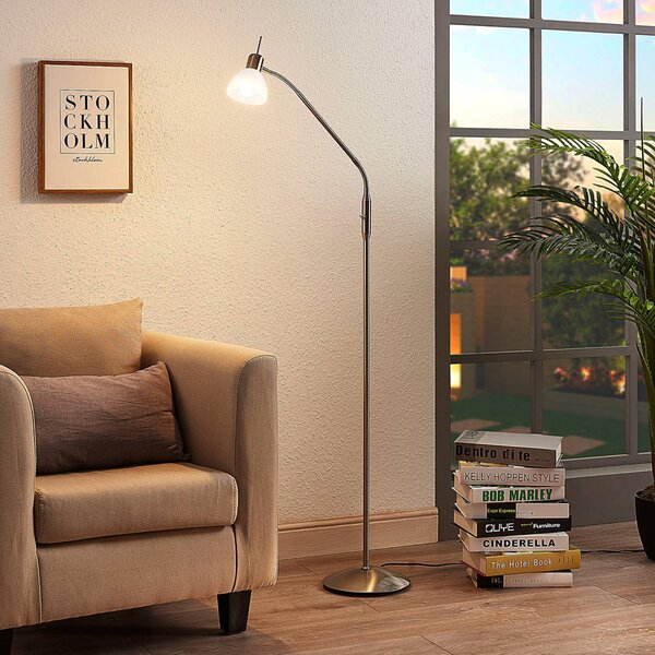 Stojacia lampa Lindby Gwendolin, 160 cm, sklo, E14, nastaviteľná, Hliník / sivá / zinok, Obývacia izba / jedáleň, kov, Moderný, Svetlo na čítanie