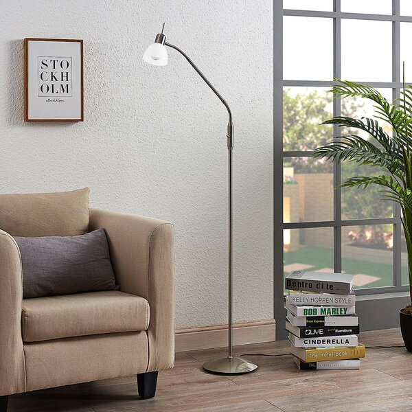 Stojacia lampa Lindby Gwendolin, 160 cm, sklo, E14, nastaviteľná, Hliník / sivá / zinok, Obývacia izba / jedáleň, kov, Moderný, Svetlo na čítanie