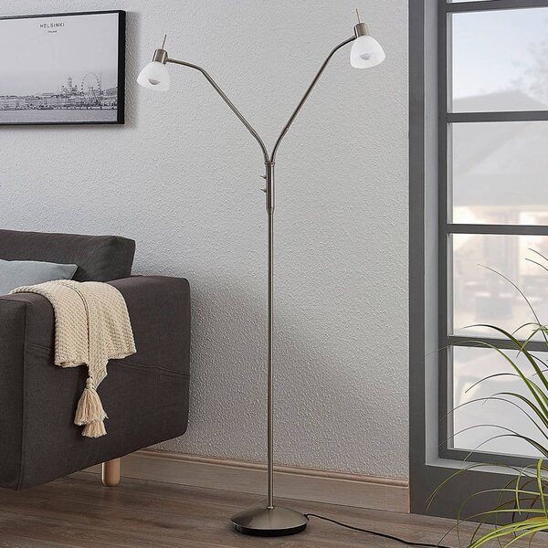 Stojacia lampa Lindby Gwendolin, 160 cm, niklová farba, 2 svetlá., Hliník / sivá / zinok, Obývacia izba / jedáleň, kov, Moderný, Svetlo na čítanie
