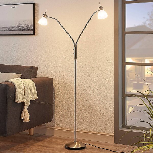 Stojacia lampa Lindby Gwendolin, 160 cm, niklová farba, 2 svetlá., Hliník / sivá / zinok, Obývacia izba / jedáleň, kov, Moderný, Svetlo na čítanie