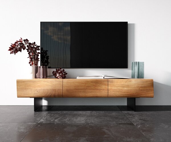 DELIFE TV stolík New Live-Edge 145 cm akácia prírodná 3 dvierka závesná kov čierna