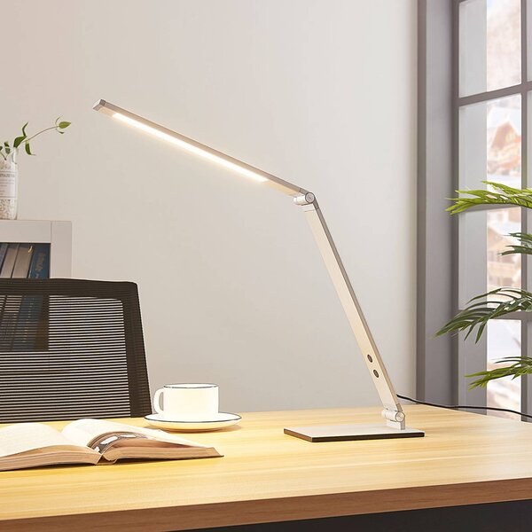 Lucande Stolná LED lampa Nicano, sivá, kov, tlmená., Hliník / sivá / zinok, Pracovňa / Kancelária, Hliník, Moderný, Stolová lampa