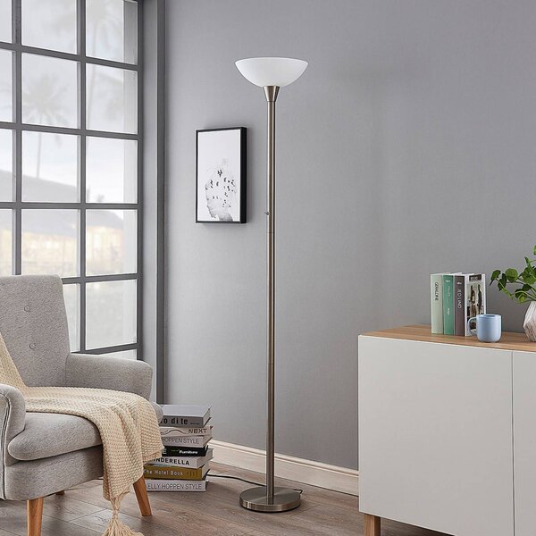 Stojacia lampa Lindby Ignacia, farba niklu, sklo, 180 cm, E27, Hliník / sivá / zinok, Obývacia izba / jedáleň, kov, Moderný, Zemné bodové svetlo