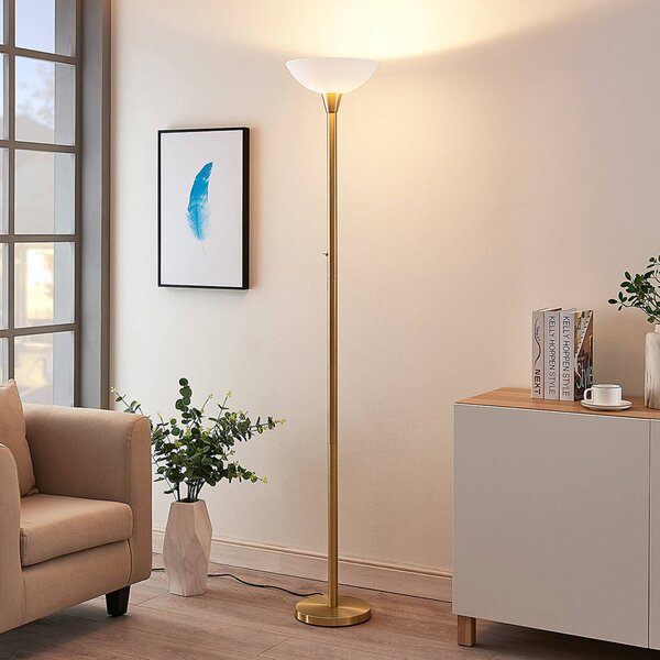 Stojacia lampa Lindby Ignacia, mosadzná farba, sklo, 180 cm, E27, Mosadz / zlato, Obývacia izba / jedáleň, kov, Moderný, Zemné bodové svetlo