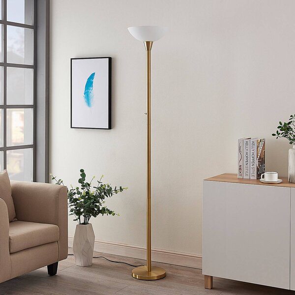 Stojacia lampa Lindby Ignacia, mosadzná farba, sklo, 180 cm, E27, Mosadz / zlato, Obývacia izba / jedáleň, kov, Moderný, Zemné bodové svetlo