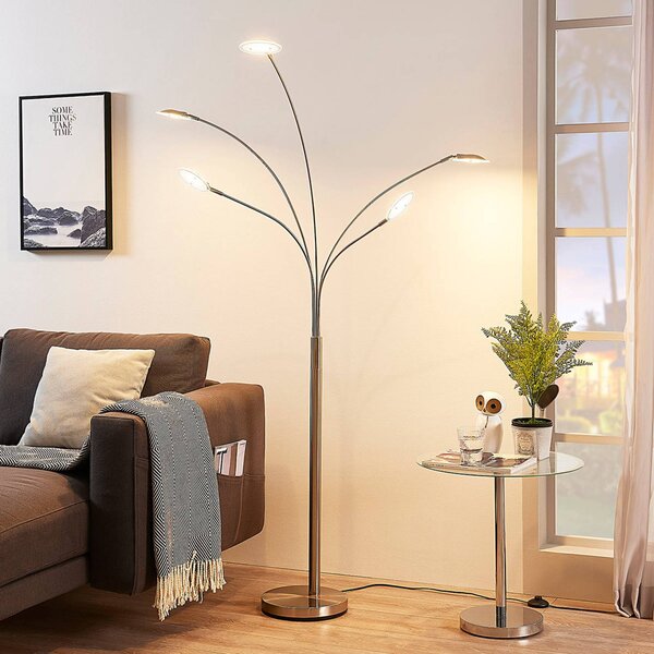 Lindby LED stojacia lampa Anea, 179 cm, 5 svetiel, niklová farba, Hliník / sivá / zinok, Obývacia izba / jedáleň, kov, Moderný, Stolová lampa