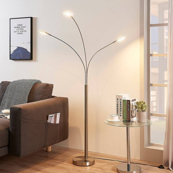 Lindby LED stojacia lampa Anea, 168 cm, 3 svetlá, niklová farba, Hliník / sivá / zinok, Obývacia izba / jedáleň, kov, Moderný, Stolová lampa