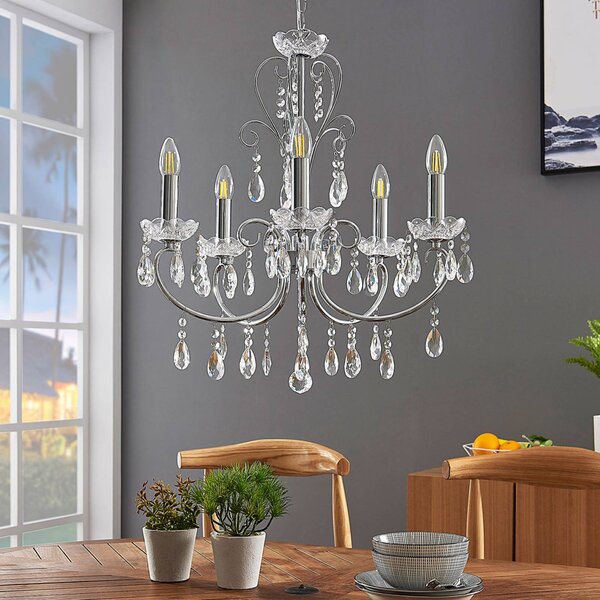 Luster Lucande Solveig, Ø 60 cm, 5 svetiel, chróm, Chrómová / strieborná, Obývacia izba / jedáleň, Krištáľ, Luster