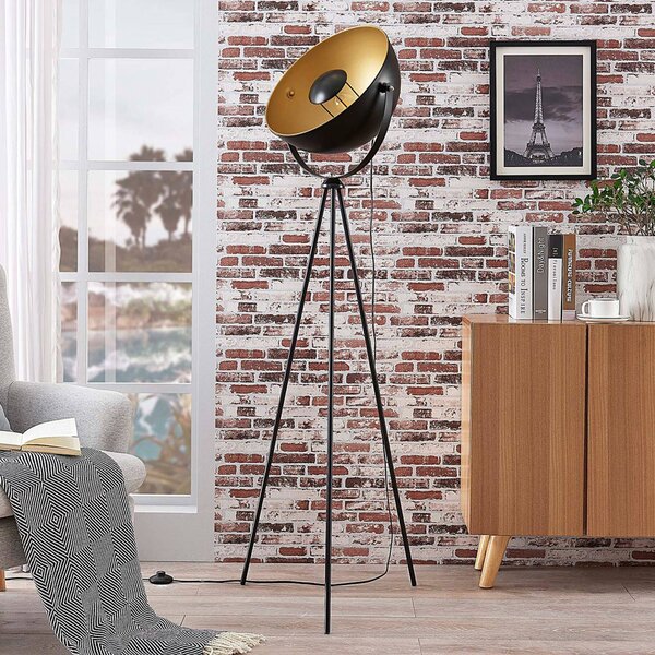 Lindby Stojacia lampa Meline, čierna/zlatá, kov, trojnožka, Čierna, Obývacia izba / jedáleň, kov, Moderný, Stojacie svietidlo