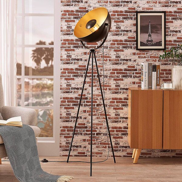 Lindby Stojacia lampa Meline, čierna/zlatá, kov, trojnožka, Čierna, Obývacia izba / jedáleň, kov, Moderný, Stojacie svietidlo