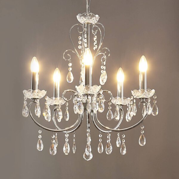 Luster Lucande Solveig, Ø 60 cm, 5 svetiel, chróm, Chrómová / strieborná, Obývacia izba / jedáleň, Krištáľ, Luster