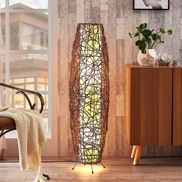 Stojacia lampa Lindby Nias, výška 111 cm, ratan, textil, Hnedá / hrdzavá, Obývacia izba / jedáleň, Drevo, Moderný, Stojacie svietidlo