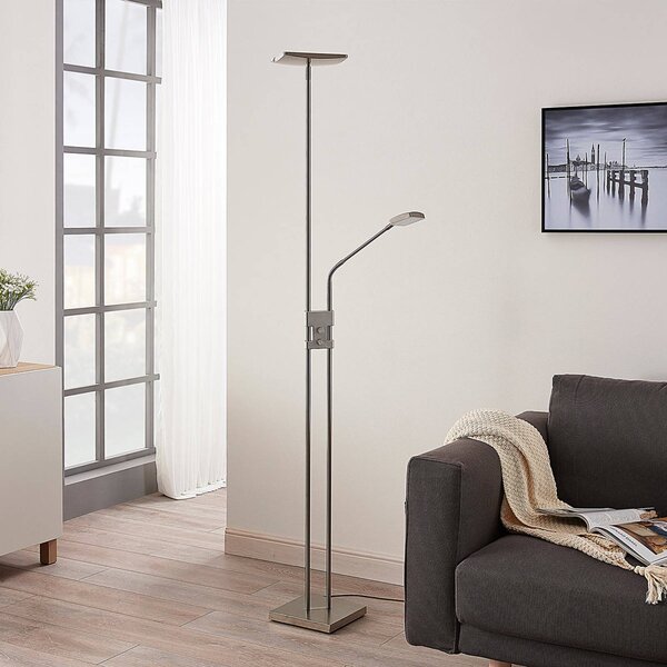 Lindby LED stojacia lampa Jonne, hranaté, s ramenom na čítanie, stmievateľné,, Hliník / sivá / zinok, Obývacia izba / jedáleň, kov, Moderný, Zemné bodové svetlo