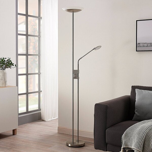 Lindby LED stojacia lampa Jonne, okrúhla, s ramenom na čítanie, stmievateľné,, Hliník / sivá / zinok, Obývacia izba / jedáleň, kov, Moderný, Zemné bodové svetlo