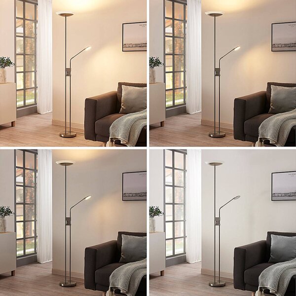 Lindby LED stojacia lampa Jonne, okrúhla, s ramenom na čítanie, stmievateľné,, Hliník / sivá / zinok, Obývacia izba / jedáleň, kov, Moderný, Zemné bodové svetlo
