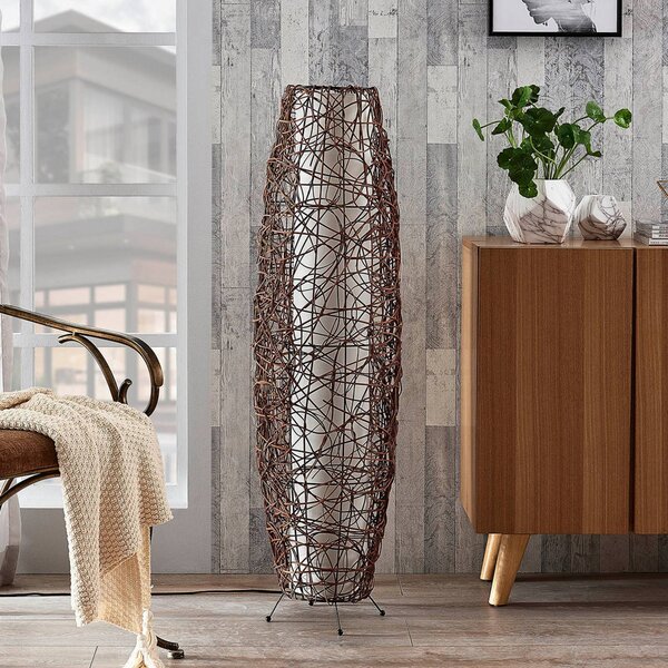 Stojacia lampa Lindby Nias, výška 111 cm, ratan, textil, Hnedá / hrdzavá, Obývacia izba / jedáleň, Drevo, Moderný, Stojacie svietidlo