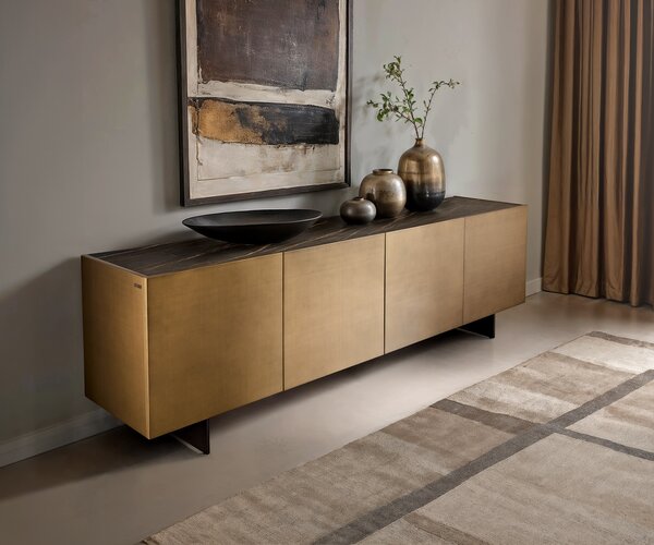 DELIFE Komoda Kazu 220 cm metalická zlatá 4 dvierka závesná kov čierna keramika Laminam®Noir Desir hnedá