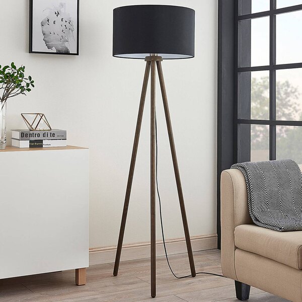 Látková stojaca lampa Majken - tmavosivá/čierna, Čierna, Obývacia izba / jedáleň, Drevo, Škandinávsky, Trojhran