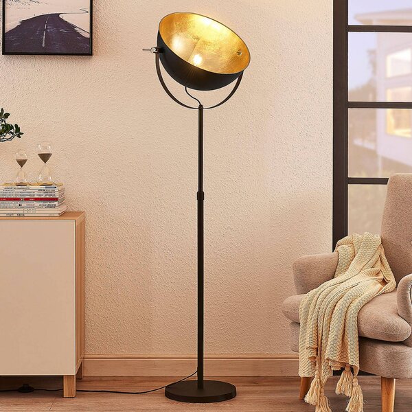Stojacia lampa Lindby Muriel, 1 svetlo, čierna/zlatá, kov, Čierna, Obývacia izba / jedáleň, kov, Moderný, Stojacie svietidlo