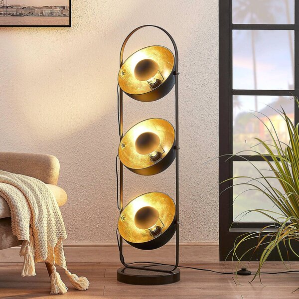 Stojacia lampa Lindby Muriel, 3 svetlá, čierna/zlatá, kov, Čierna, Obývacia izba / jedáleň, kov, Moderný, Stojacie svietidlo