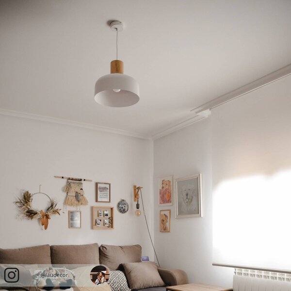 Závesná lampa Carlise s dreveným prvkom, Biela / opálová, Obývacia izba / jedáleň, kov, Škandinávsky, Závesné svietidlo